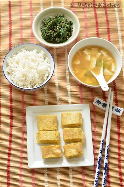 Japanese Breakfast - A simple breakfast of rice, miso soup, spinach salad and Japanese omelet.  #JapaneseBreakfast #MySpicyKitchen Healthy Japanese Recipes, Weekly Themes, Asian Breakfast, Japanese Breakfast, Japanese Diet, Breakfast Healthy, Japanese Cooking, Miso Soup, Spinach Salad