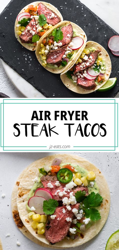 Steak Tacos Recipes Air Fryer, Steak Tacos Air Fryer, Air Fryer Steak Tacos, Air Fryer Flank Steak, Double Decker Tacos, Mexican Rice Beans, Spicy Chicken Taco, Cilantro Avocado Sauce, Air Fried Pizza