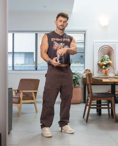 2024 Male Fashion, Himbo Aesthetic Outfits Men, Tank Top Fits Men, Dadcore Fashion, Tank Top Guy Outfit, Muscle Shirt Outfit Men, Band Tee Outfits Grunge Men, Hot Men Outfits, Muscle Tee Outfit Men