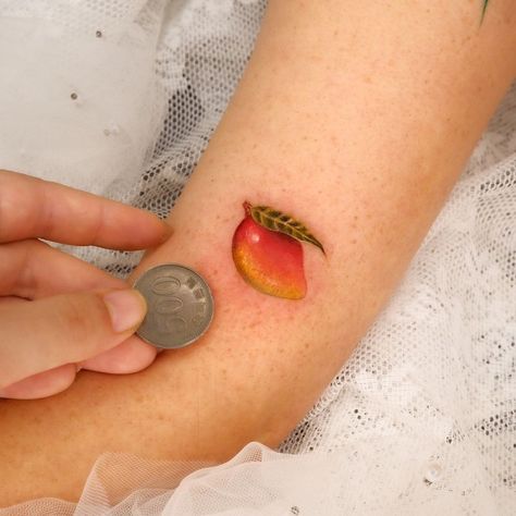 Tiny Mango Tattoo, Small Mango Tattoo, Mango Tattoo Minimalist, Lychee Tattoo, Papaya Tattoo, Mango Tattoo, Tropical Tattoos, Negative Tattoo, Tropical Tattoo