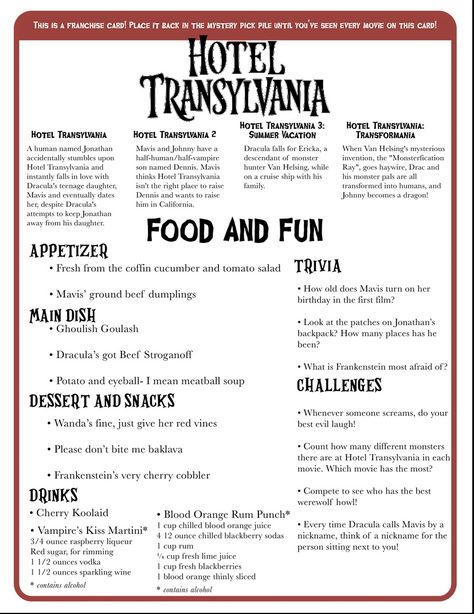 Movie Night Menu Ideas For Adults, Fall Movie Night Dinner, Fall Family Movie Night Ideas, Horror Movie And Dinner Theme, Movies And Dinner Ideas, Fall Movie Themed Dinner Ideas, Dinner And A Movie Date Night, Dinner And Movie Theme Night Adults, Hotel Transylvania Themed Dinner