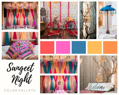 An Indian wedding color palette & style board, the perfect decor for a sangeet or pre-wedding event Sangeet Color Schemes, Indian Wedding Decor Color Schemes, Indian Wedding Mood Board Ideas, Indian Wedding Theme Colors, Traditional Indian Colour Palette, Haldi Palette, Sangeet Color Palette, Haldi Color Palette, Rajasthan Wedding Decor