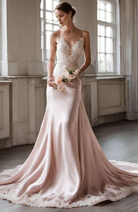 pink silk wedding dress with lace. colored wedding dresses Pale Pink Silk Dress, Pink Wedding Dress Aesthetic, Pink Blush Wedding Dress, Blush Reception Dress, Wedding Dresses With Pink, Pink Silk Wedding Dress, Silk Wedding Dress With Lace, Pale Pink Wedding Dress, Silk And Lace Wedding Dress