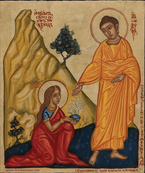 A Byzantine depiction of Magadha Sangmo meeting her guru, the Lord Buddha. Please click to enlarge. Arjuna And Krishna, Sakyamuni Buddha, Buddhist Iconography, Celestial Beings, Buddhist Philosophy, Buddha Art Painting, Esoteric Art, Gautama Buddha, Lord Buddha