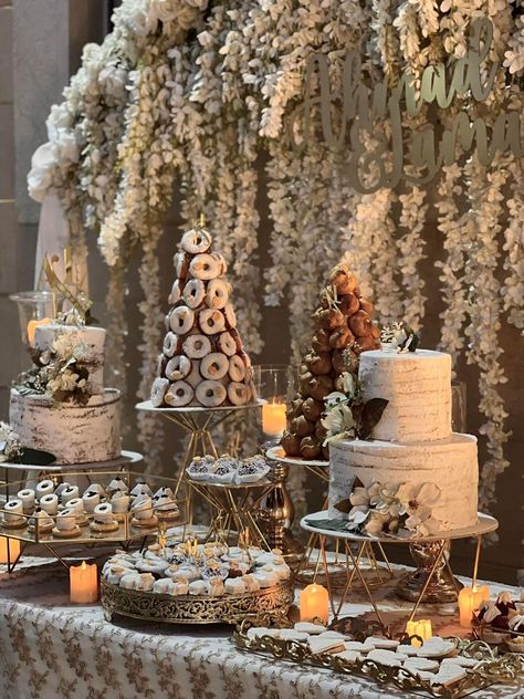 Wedding celebration dessert table Neutral Wedding Dessert Table, Winter Dessert Table Ideas, Art Deco Dessert Table, French Wedding Desserts, Luxury Dessert Table, Holiday Dessert Table Display, Winter Wedding Desserts, Sweet Table Wedding Elegant, Fancy Dessert Table