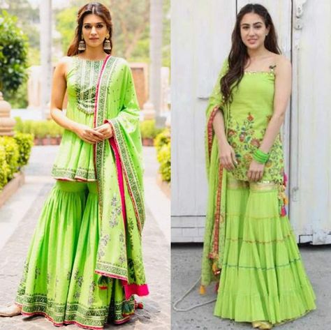 Fashion face-off: Is Kriti Sanon taking style cues from Sara Ali Khan? Sara Ali Khan Indian Wear, Varun Alia, Green Gharara, Saree Reuse, Gharara Suits, Ethnic Wears, Lehnga Dress, Traditional Indian Dress, Bollywood Outfits