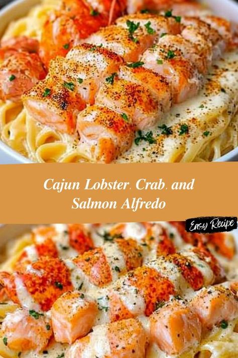 Cajun Lobster, Crab, and Salmon Alfredo – A decadent, creamy seafood pasta bursting with bold Cajun flavors! 🍝🦞🦀🐟 This indulgent dish combines tender lobster, succulent crab, and rich salmon in a zesty Cajun Alfredo sauce, making it the perfect treat for seafood lovers. Elevate your next dinner with this luxurious, restaurant-quality meal that’s surprisingly easy to make! 🌶️🧄🧀 #SeafoodPasta #CajunAlfredo #LobsterCrabSalmon #ComfortFood #PastaLovers #SeafoodDinner #RecipeInspiration #DinnerIdeas #LuxuryMeals Crab Pasta Dishes, Cajun Seafood Pasta Recipes, Lobster Mac And Cheese Recipe Best, Crab Meat Pasta, Cajun Alfredo Sauce, Cajun Seafood Pasta, Salmon Alfredo, Lobster Pasta Recipe, Cajun Alfredo