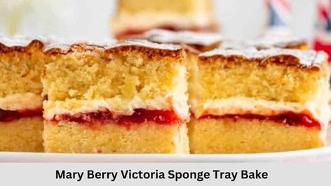 Mary Berry Victoria Sponge Tray Bake Recipe Victoria Sponge Traybake, Mary Berry Victoria Sponge Recipe, Tray Bake Recipes Cake, Mary Berry Tray Bakes, Baked Slices, Mary Berry Victoria Sponge, Marry Berry Recipes, Mary Berry Desserts, Mary Berry Recipes Baking