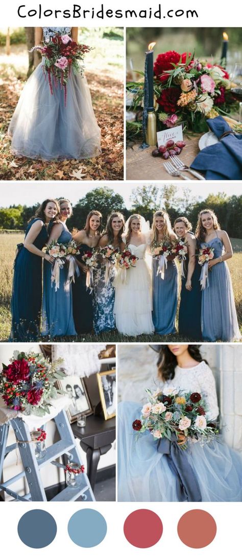 Wedding Color Themes, Romantic Wedding Colors, Burgundy Wedding Colors, Fall Wedding Color Schemes, Burgundy Bouquet, Fall Wedding Color Palette, Wedding Burgundy, Blue And Burgundy, Dusty Blue Bridesmaid Dresses