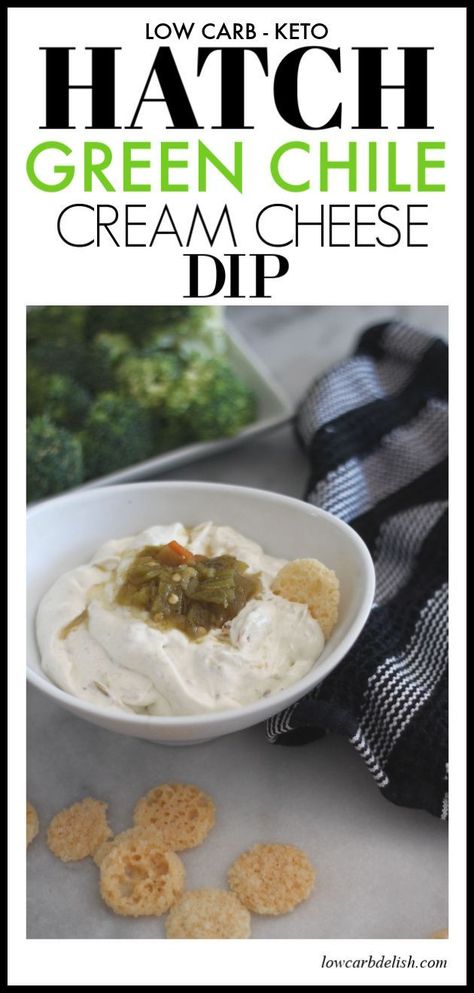 Make this low carb hatch green chile cream cheese dip for your next party, or tomorrow to eat with your veggies! The flavor is amazing and it's keto! Less than one carb per serving. Chili Cream Cheese Dip, Hatch Green Chili Recipe, Hatch Chili Recipes, Hatch Chile Recipes, Hatch Green Chili, Green Chile Recipes, Green Chili Recipes, Chili Cheese Dips, Cream Cheese Dip