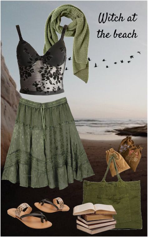 Witch at the Beach. Inspiring summer look. Witchy summer outfit. Beach Witch Outfit, Witchy Summer Dresses For Alternative Fashion, Witchy Jewelry Summer, Summer Fitted Witchy Dress, Sea Witch Aesthetic Outfit, Summer Witch Outfits, Witchy Summer, Summer Witch, Witch Aesthetic Outfit