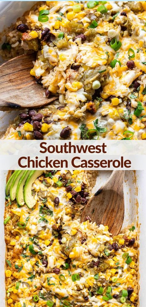 This southwest chicken casserole is an easy to make dinner the whole family will enjoy! Made with chunks of chicken, rice, green chiles, black beans, corn, and a flavorful spice blend. It all bakes together in one pan making clean-up super simple! #casserole #chickencasserole #chickenandrice #chickenrecipe #easymeals #healthydinner #Mexicanfood Recipes With Black Beans And Corn, Southwest Chicken Casserole, Southwestern Chicken Casserole, Runner Recipes, Recipe Runner, Easy Casseroles, Southwestern Chicken, Southwestern Recipes, Black Beans Corn