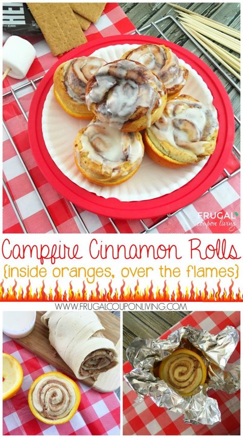 Campfire Cinnamon Rolls Baked in Oranges Breakfast Cinnamon Rolls, Campfire Cinnamon Rolls, Pillsbury Crescent Roll Recipes, Candied Bacon Recipe, Breakfast Cinnamon, Pillsbury Crescent, Cinnamon Roll Bake, Foil Packet Meals, Camping Breakfast