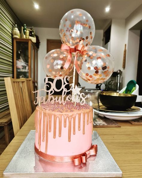 50 & fabulous Happy 50th birthday Sharon #rosegold #dripcake #50 #50thbirthday #50th #freshlemon #birthdaycake #sharon #balloon #cakestagram #cakes 50thbirthdaycake Cake Table Birthday Woman, Theme Birthday Cakes For Women, Milestone Birthday Cakes For Women, 46th Birthday Cake For Women, Birthday Cakes For 50th Birthday Woman, 50 Birthday Party Ideas For Women Cake, Womens 50th Birthday Cake, 50 Cake Birthday For Women, 50th Birthday Cake For Women Simple