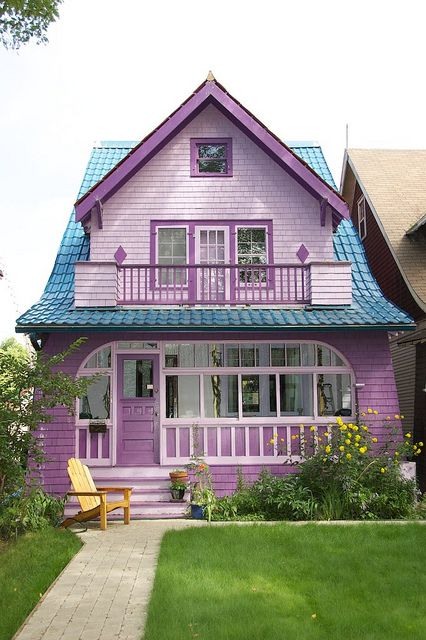 The homes and businesses in Regina's Cathedral district are all distinct and individualistic. Pink Cottages, Purple House, Colorful House, Gorgeous Homes, Pink Victorian, Blue Roof, Small Cottages, Cottage Cabin, Painted Ladies