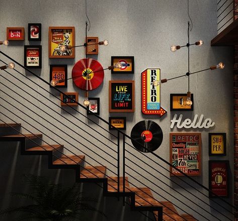 Retro Room Ideas, Grunge Decor, Vinyl Cafe, Popular Home Decor, Music Room Design, Staircase Wall Decor, Home Music Rooms, Plain Wall, Retro Bedrooms