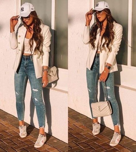 Outfits Com Blazer, Casual Leggings Outfit Summer, Poses With Hat, White Hat Outfit, Ny Outfits, Outfits Con Jeans, Look Legging, Blazer White, Outfit Mujer