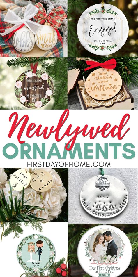 Just Married Christmas Ornament Diy, Anniversary Ornaments Diy, Diy Engagement Ornaments Christmas, Diy First Christmas Ornament Couple, First Year Married Ornament, First Christmas Ornament Couples, Couples Ornaments Diy, Couple Ornaments Diy, Diy Wedding Ornaments