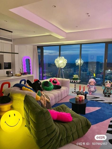 Random Decor Aesthetic, Hybeast Living Room, Hybeast Room Ideas, Hype Beast Living Room Decor, Colorful Loft Apartment, Minimal Colorful Living Room, Hype Beast Apartment, Hype Beast Living Room, Boarding School Room