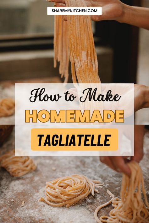 The text on image: How to Make Homemade Tagliatelle Homemade Tagliatelle, Tagliatelle Recipe, Pasta Makers, Tagliatelle Pasta, Pasta Dough, Pasta Maker, Easy Shape, Fresh Pasta, How To Make Homemade