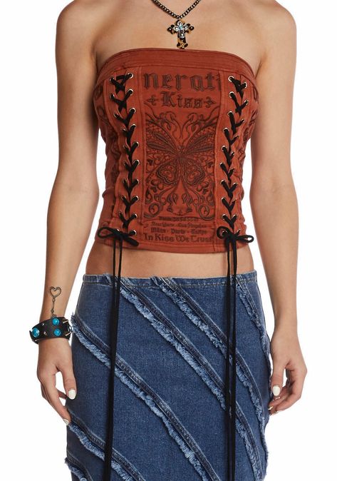 Generation Kiss Embroidered Lace Up Crop Tube Top - Brown Y2k Fashion Shirts & Tops, Kiss Outfits, Crochet Tube Top, Crop Tube Top, Lace Tube Top, Stretchy Crop Tops, Diy Vetement, Cropped Tube Top, Streetwear Y2k