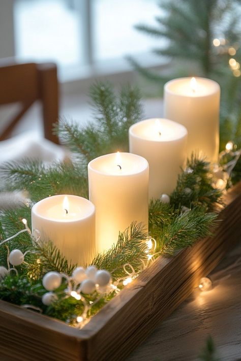 Tray Christmas Decor Table Centerpieces, Candle Tray Ideas, Rectangle Tray Decor Ideas, Candle Centerpieces For Home, Candle Tray Centerpiece, Elegant Christmas Centerpieces, Christmas Centerpieces Cheap, Christmas Centerpiece Ideas, Green And White Christmas