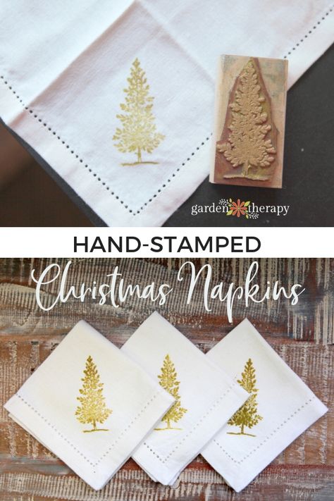 Christmas Napkins Sewing, Diy Christmas Napkins, Hand Stamped Fabric, Stamped Fabric, Christmas Garden Decorations, Garden Therapy, Fabric Napkins, Diy Napkins, Fabric Napkin