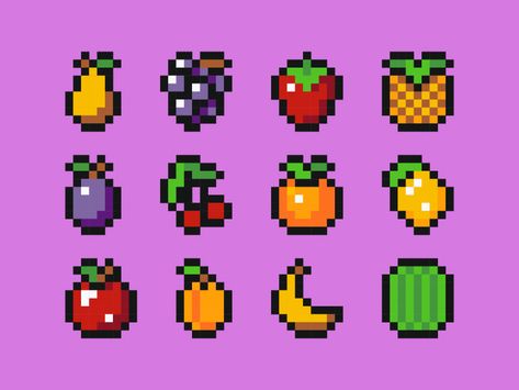 Fruits 8bit 8 Bit Aesthetic, Fruit Pixel Art, Pixel Art Food, Piskel Art, 8 Bit Art, Pixel Art Tutorial, Easy Pixel Art, Arte 8 Bits, 8bit Art