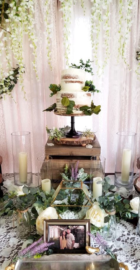 Succulent Themed Bridal Shower Ideas, Eucalyptus Dessert Table, Plant Bridal Shower Theme, Plant Themed Bridal Shower Ideas, Bridal Shower Cakes Rustic, Rustic Dessert Table, Bridal Shower Desserts Table, Lavender Wedding Theme, Green Bridal Showers