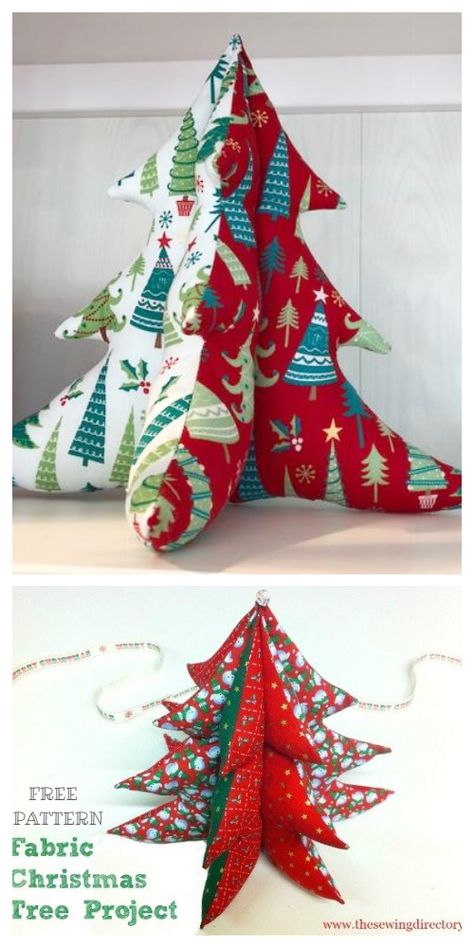 DIY 3D Stuffed Fabric Christmas Tree Free Sewing Patterns + Tutorials Fabric Christmas Trees Sewing Projects, Sewing Christmas Trees, Fabric Christmas Trees Pattern, Christmas Tree Quilted Ornaments, 3d Quilted Christmas Tree Pattern, Cloth Christmas Trees How To Make, Pattern For Christmas Tree, Stuffed Material Christmas Trees, Stuffed Felt Christmas Tree