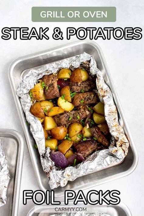 This super easy steak and potatoes recipe is seasoned with butter, garlic, and dried herbs. This easy foil pack recipe can be cooked on the grill or the oven, making them the perfect simple weeknight dinner with minimal clean-up. Steak Foil Packets, Oven Baked Steak, Foil Meals, Meat And Potatoes Recipes, Foil Packet Potatoes, Steak And Potatoes, Steak In Oven, Baked Steak, Potatoes In Oven