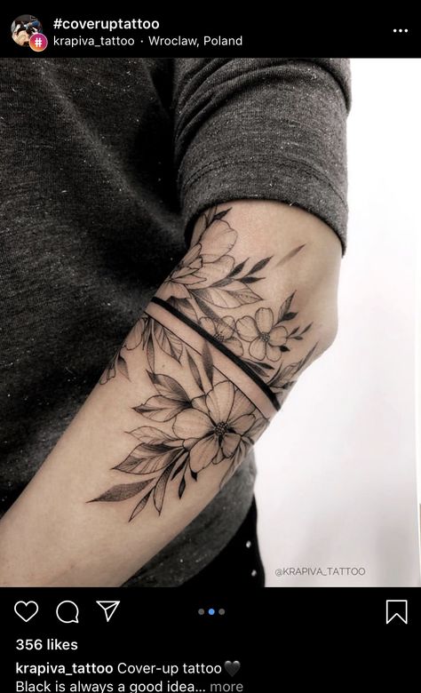 Floral Tattoo With Black Band, Floral Lower Half Sleeve Tattoo, Floral Elbow Wrap Tattoo, Band Floral Tattoo, Mid Sleeve Tattoo, Nature Arm Band Tattoo, Feminine Arm Band Tattoo, Larkspur And Rose Tattoo, Band Flower Tattoo