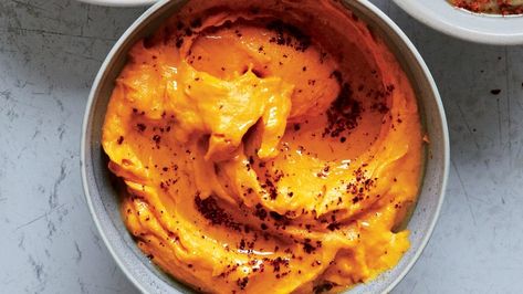 Grilled Sweet Potato Baba Ghanoush Recipe | Bon Appetit Baba Ghanoush Recipe, Baba Ganush, Sumac Recipes, Grilled Vegetable Recipes, Sweet Potato Recipes Healthy, Grilled Sweet Potatoes, Baba Ghanoush, Healthy Thanksgiving Recipes, Healthy Thanksgiving