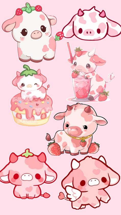 Strawberry Cow Wallpaper, Strawberry Milk Cow, Cow Wallpaper, Strawberry Cow, Pink Strawberry, Milk Cow, Strawberry Milk, Cute Wallpapers, Cow