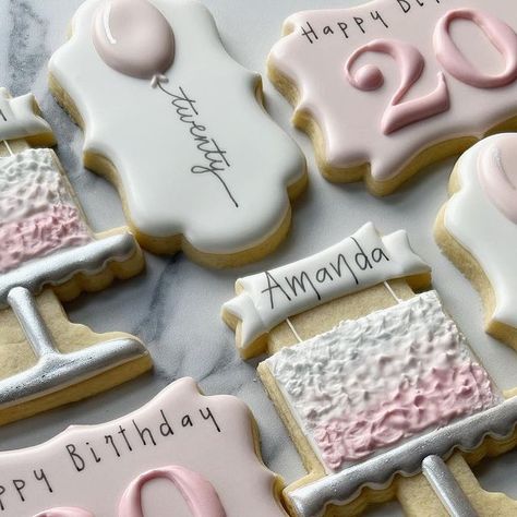 Karen Rogers Griffith on Instagram: "Happy 20th in shades of pink! 💕The ombré cake was actually a “happy accident “ 😆 not exactly what I was going for, but still happy with the result! . . . #birthdaycookies #customcookies #decoratedcookies #decoratedsugarcookies #sugarcookies #birthdaycakecookies #20thbirthdaycookies" 21st Cookies Decorated, 20th Birthday Cookies Decorated, 18th Birthday Cookie Ideas, Pink Birthday Cookies Decorated, 20th Birthday Cookies, Birthday Sugar Cookies Decorated, 18th Birthday Cake For Girls, Ombré Cake, 20th Bday