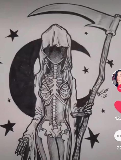 Reaper Drawing Tattoo, Woman Grim Reaper Tattoo, Heart Ripped Out Tattoo, Female Grim Reaper Drawing, Gothic Pencil Drawings, Girly Grim Reaper Tattoo, Grim Reaper Tarot Card Tattoo, Goth Drawings Dark, Female Reaper Tattoo