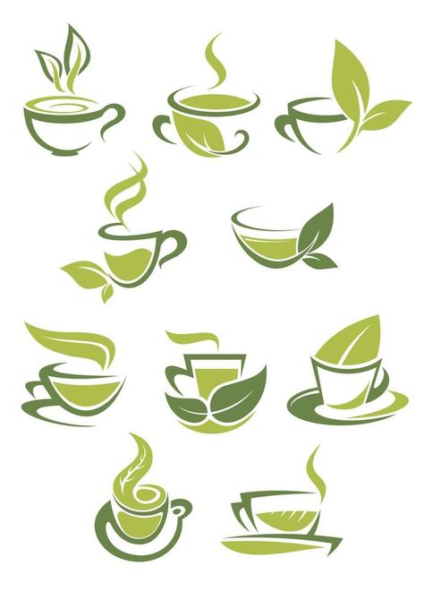 Collection of green or organic tea icons Tea Leaves Illustration, Cafe Logos, Tea Labels, Tea Illustration, Tea Logo, Drink Design, Vector Doodle, Coffee Shop Logo, Leaves Illustration