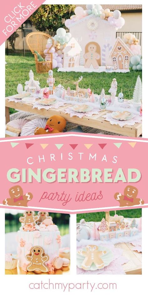 Take a look at this magical Gingerbread Christmas party! The table settings are amazing! See more party ideas and share yours at CatchMyParty.com Gingerbread Cookie Birthday Party, Christmas Candy Birthday Party, Girl Christmas Birthday Party Ideas, Xmas Birthday Party Ideas, Kids Gingerbread House Party, Gingerbread Theme Party, Gingerbread Party Ideas, Toddler Christmas Party, December Birthday Party Ideas