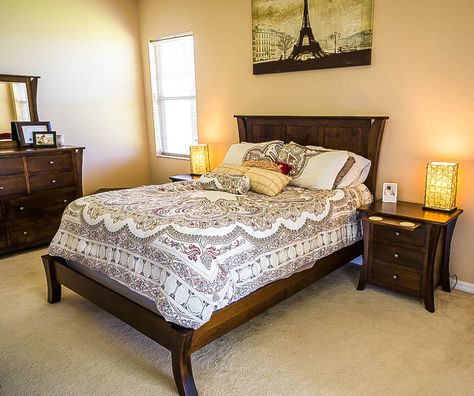 Room With Dark Furniture, Robot Decor, Light Walls, Amish Furniture Bedroom, Dark Bedroom Furniture, Beautiful Outdoor Furniture, Cherry Furniture, Mission Style Furniture, Cross Back Dining Chairs