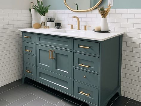 paint bathroom vanity cabinets - greenish blue painted vanity cabinet in the bathroom with a white counter Paint Vanity Bathroom, Painted Bathroom Vanity Ideas, Paint Bathroom Vanity, Painted Bathroom Vanity, Painted Vanity Bathroom, Paint Bathroom, Sherwin Williams Alabaster, Painting Bathroom Cabinets, Water Based Primer