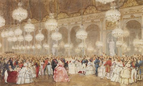 The overture to the ball in the Galerie des Glaces, Versailles Hall Of Mirrors, Lake Art, French Revolution, Napoleon Iii, Prince Albert, The Empress, Watercolor Drawing, Queen Victoria, Versailles