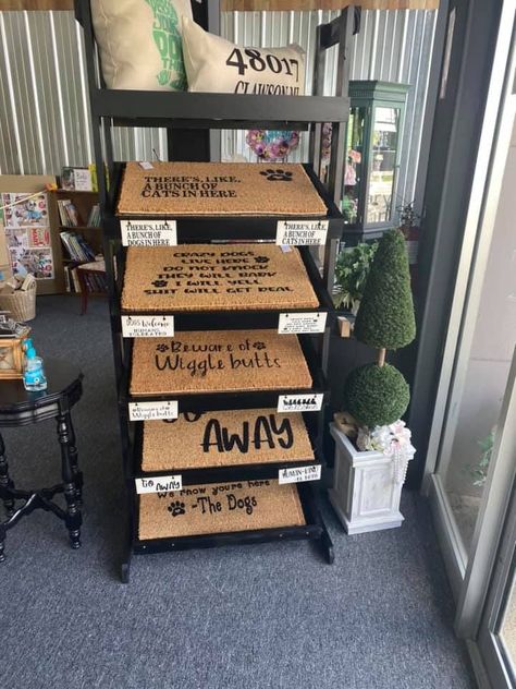 hubby made this display rack for my coir mats! Sign Display For Craft Show, Doormat Display Rack, How To Display Doormats At Craft Show, Doormat Vendor Display, Craft Show Storage Ideas, Displays For Tshirts, Door Mat Display Rack, Doormat Display Ideas, Display Racks For Craft Shows