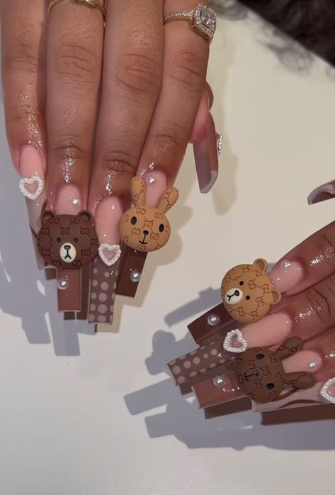 Gender Reveal Nails, Bear Nails, Baby Shower Nails, Bears Nails, Baby Shower Theme Decorations, Long Acrylic Nail Designs, Long Nail Designs, Polygel Nails, Glow Nails