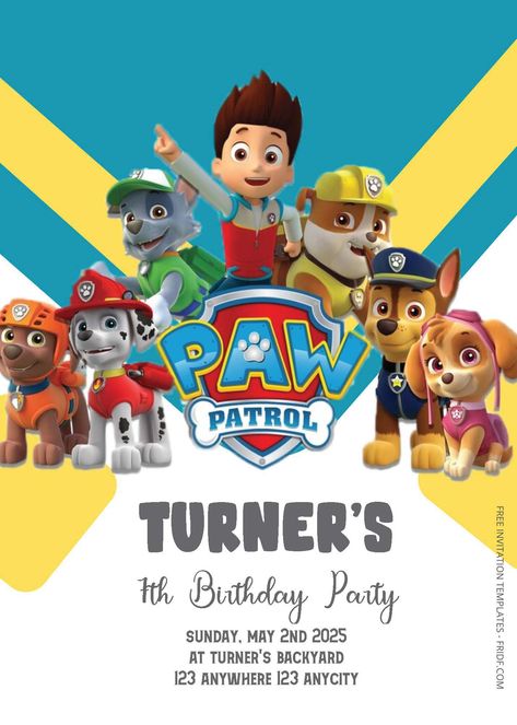 Paw Patrol Invitations Free Template Editable, Paw Patrol Invitations Free Template, Paw Patrol Birthday Invitations, Ryder Paw Patrol, Paw Patrol Birthday Party, Kids Birthday Theme, Paw Paw, Free Invitation Templates, Paw Patrol Birthday