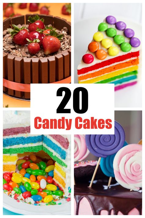 A collection of candy cakes like Kit Kat Cake, Skittles Cake, and many more. Chocolate Cake Decorated With Candy, Candy Cake Recipes, Cake With Candy In The Middle, Easy Cake Decorating Ideas Simple Fun, Candy Cake Ideas Birthday Diy, Easy Homemade Birthday Cake Ideas, Cakes With Candy On Top, Candy Cakes Birthday, Kit Kat Cake Ideas