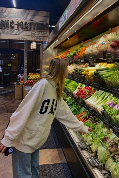 girl, grocery store, vegetables, fruit, gap hoodie, blue jeans, shopping, greens, aesthetic, healthy, vegetarian Gap Sweatshirt Outfit Aesthetic, Gap Jacket Outfit Aesthetic, Gap Aesthetic Outfit, Gap Outfits Aesthetic, Gap Hoodie Outfit Woman, Gap Hoodie Aesthetic, Gap Sweatshirt Outfit, Hoodie Girl Aesthetic, Hoddies Outfits Woman