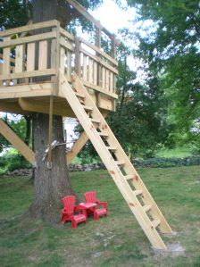 Release the kids… After finishing the railings, the next thing I wanted to finish was the ladder. At this point I was getting a little tired of carrying my step-ladder back and forth from the… Backyard Treehouse, House Ladder, Simple Tree House, Backyard Fort, Beautiful Tree Houses, Building A Treehouse, Tree House Plans, Backyard Trees, Tree Fort