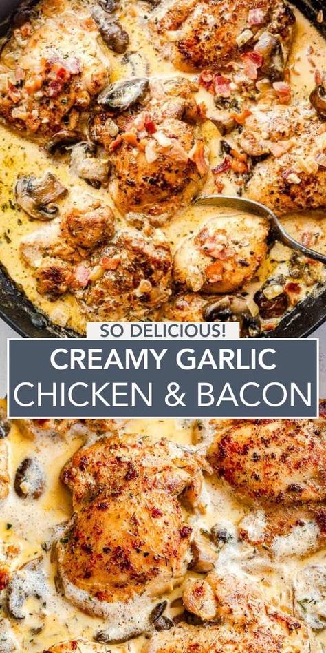 Creamy Chicken Thighs bursting with the flavors of garlic, tender mushrooms, and crispy bacon! This is a  mouthwatering meal for the entire family! It's a simple yet delicious chicken recipe that's sure to please. Creamy Garlic Chicken Recipes, Chicken Thighs Recipe, Thighs Recipe, Bacon Chicken, Creamy Garlic Chicken, Chicken Thigh Recipes Oven, Chicken Thigh Recipes Crockpot, Boneless Chicken Thigh Recipes, Chicken Thigh Recipes Baked