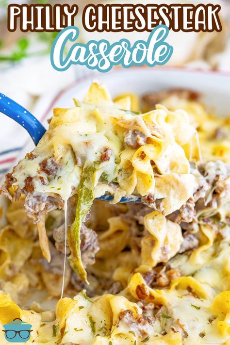 This Philly Cheesesteak Casserole recipe is filled with egg noodles, shaved ribeye steak, peppers and onions all coated in a creamy sauce! Recipes With Shaved Steak, Shaved Steak Recipes, Steak Peppers And Onions, Shaved Steak Recipe, Chopped Steak Recipes, Philly Cheese Steak Casserole Recipe, The Country Cook Recipes, Philly Cheesesteak Casserole, Steak Peppers