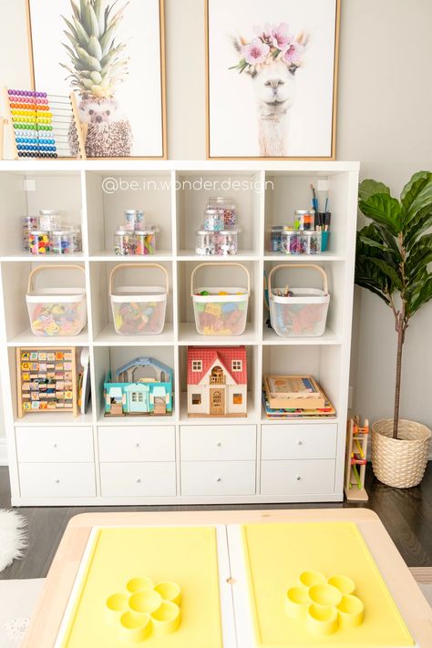 Corner Playroom Storage, Kallax In Playroom, Children Craft Storage, Playroom Ideas Ikea Storage, Toy Storage For Bedroom Children, Playroom Stackable Storage, Playeoom Storage, Church Nursery Toy Storage, Playroom Storage Ideas Ikea